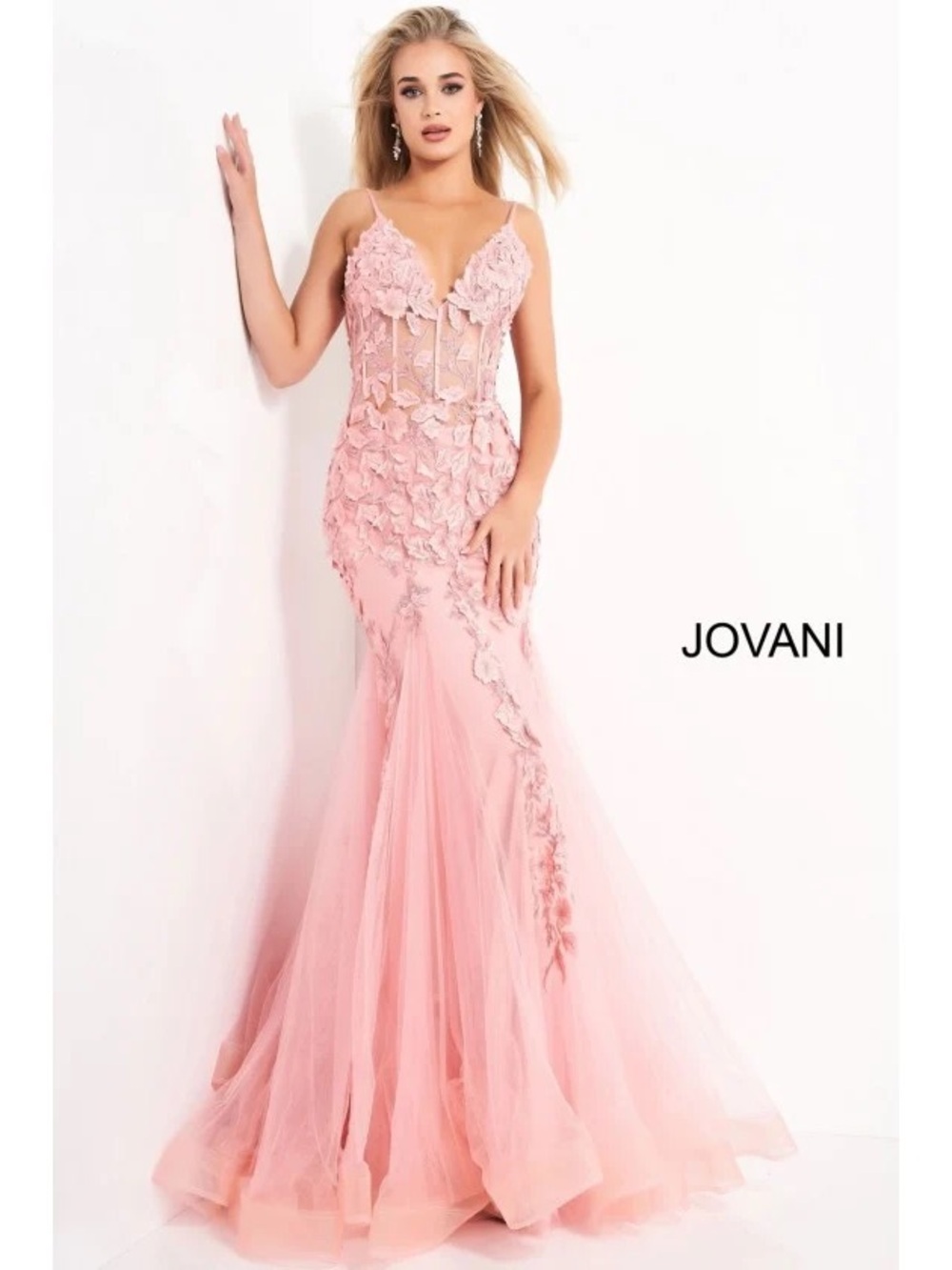 Jovani Dark Blush Lace Appliquรฉ Mermaid Gown